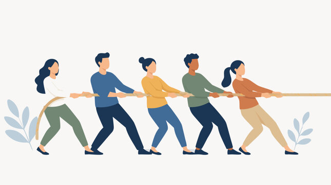 Diverse team pulling a rope in a tug of war, clean flat vector illustration on a light background for teamwork, leadership, challenge, or collaboration campaigns.