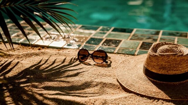 Summer Poolside Still Life Hat and Sunglasses on Tropical Resort Deck