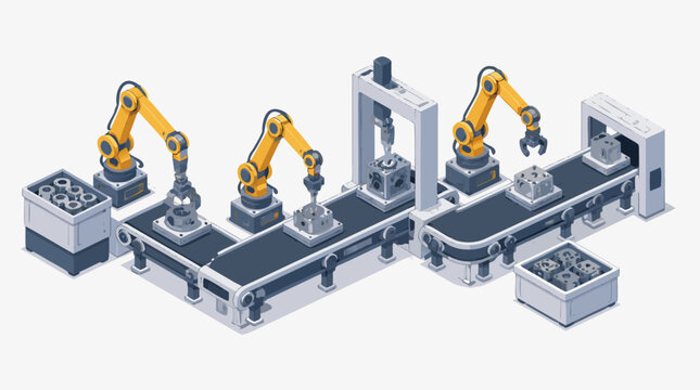 Clean flat vector illustration of an automated factory assembly line with robotic arms and conveyor belts on a light background for manufacturing technology presentations.
