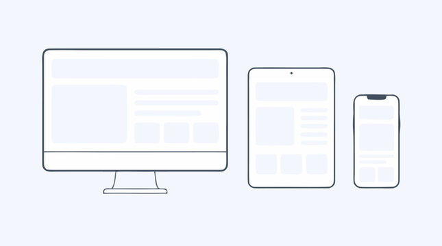 Clean flat vector illustration of responsive website layouts on desktop, tablet, and smartphone on a light background, ideal for web design and app development promotions.
