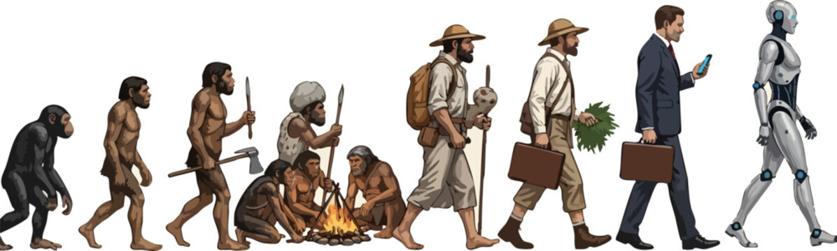 Human evolution theory vector illustration, biological progress from ape to modern businessman and future robot, artificial intelligence concept