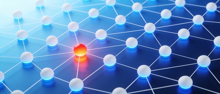 Illustration of a network with one highlighted node connected to multiple others on a blue background
