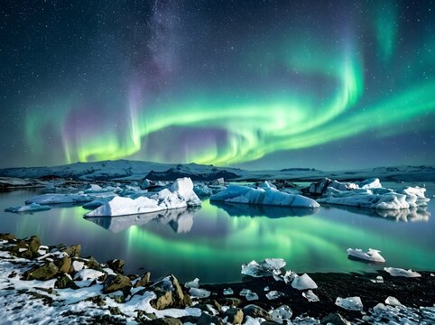 J kuls rl n glacier lagoon with vibrant northern lights display