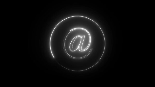 Glowing white at sign symbol inside a thin circular ring on a solid black background for digital communication and email contact interface
