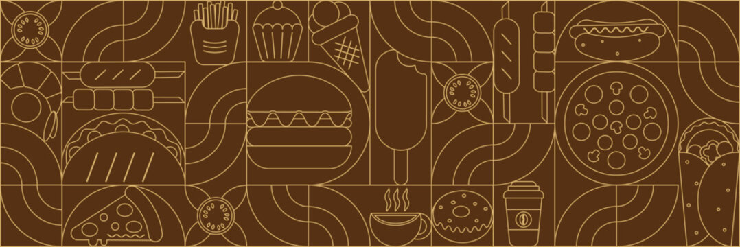Geometric Fast Food Seamless Pattern Background. illustration of burger, taco, donut, ice cream, pizza, hot dog, French fries icons.