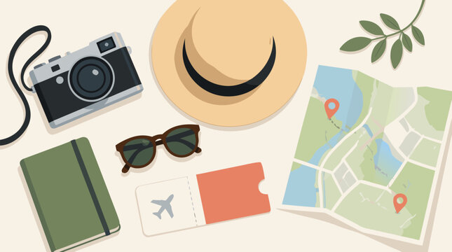 Clean flat vector illustration of travel essentials with camera, sun hat, sunglasses, notebook, plane ticket and map on a light background for vacation planning promotions.