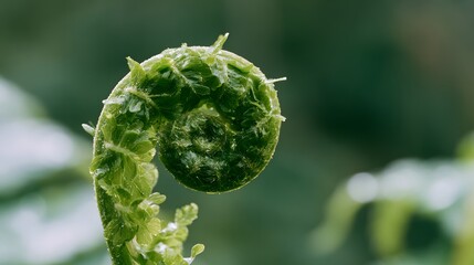 Fototapeta premium Delicate fiddlehead fern unfurls a spiral of life bathed in soft tranquil forest light dew kissed leaves