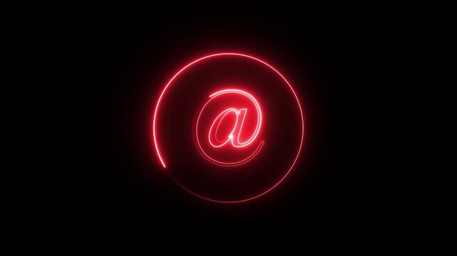 Glowing red at sign symbol inside a thin circular ring on a solid black background for digital communication and email contact interface