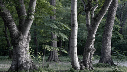 Fototapeta premium Dense Forest with Mature Trees and Green Foliage in Natural Woodland