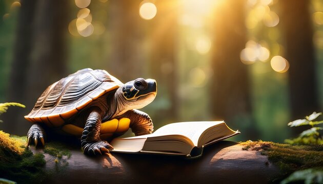 wise turtle reading a book in a sunlit forest