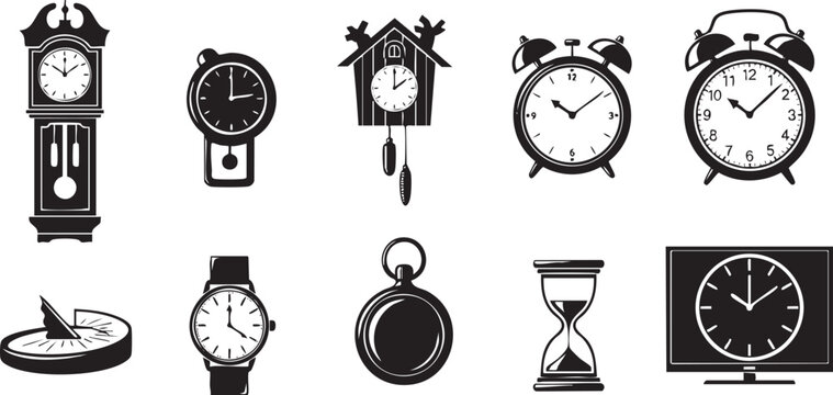 Black silhouette of various wall clocks grandfather alarm cuckoo and wristwatches black silhouettes