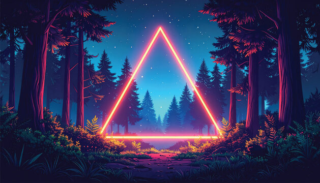 Neon triangle glowing in darkness.