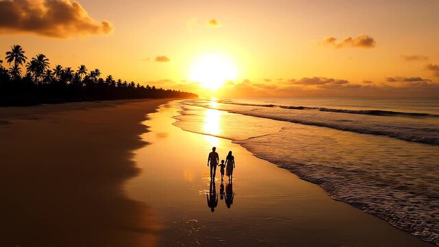 Family walking along beach at sunset with ocean reflection