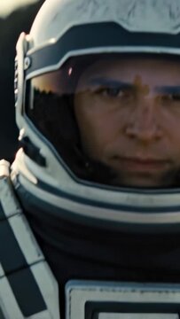 Vertical video: Pulling cam back helmeted man holding gaze in daylight showing visor scuff suit