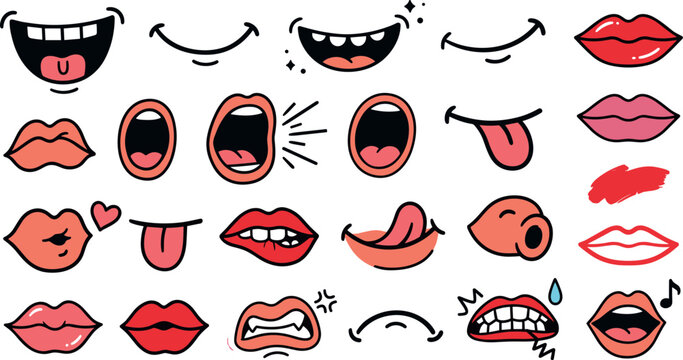 Cartoon Mouth Expressions and Lips Vector Set with Smile Kiss Shout Sing Tongue Teeth for Animation and Comics
