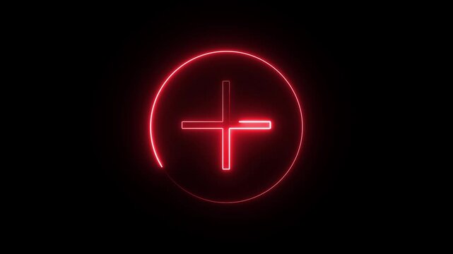 Neon line plus symbol icon simple positive plus icon animation on black background.Medical cross icon animation.Business counting add motion.Medical. Help.red colour 4k video.