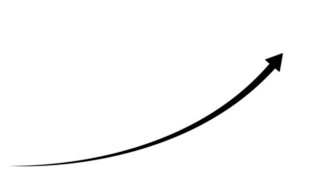 A black curved arrow pointing upwards and to the right isolated on a solid white background for use in digital presentations and layouts