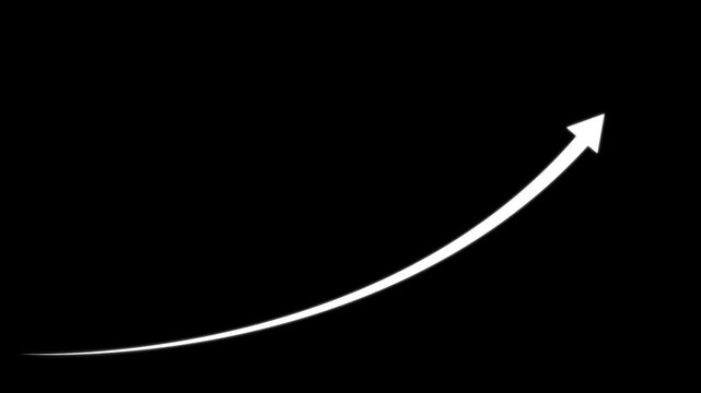 A white curved arrow pointing upwards and to the right isolated on a solid black background for use in digital presentations and layouts