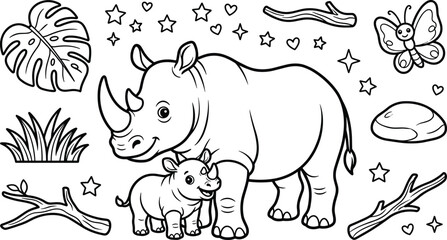 Cute mother rhinoceros and baby calf coloring page vector illustration black and white outline with tropical safari elements © MdBabul
