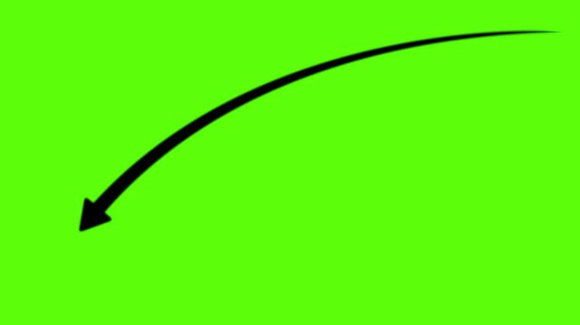 A black curved arrow pointing downwards and to the left isolated on a solid green background for use in digital presentations and layouts