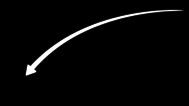 A single white curved arrow pointing towards the upper left corner on a solid black background for digital interface navigation and user guidance