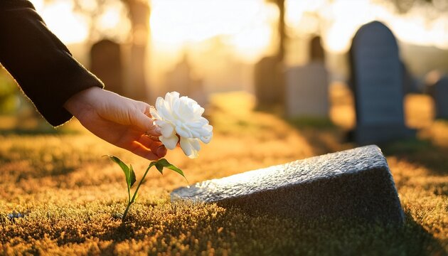 hand placing white flower on grave stone in cemetery during golden hour