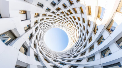 Fototapeta premium Modern architectural design featuring spiral structure with bright blue sky at center, showcasing innovative use of space and light