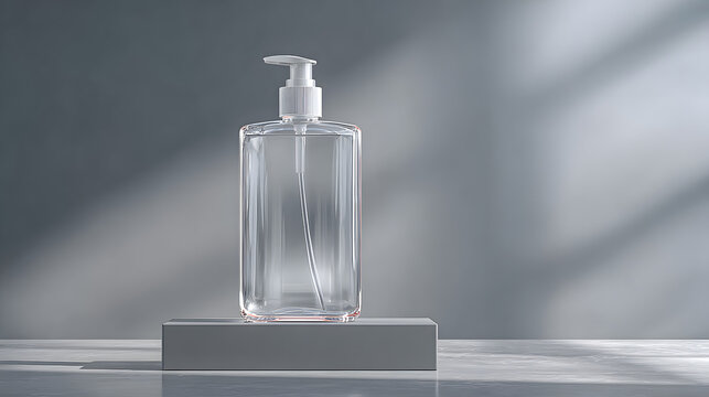 Empty transparent plastic pump bottle standing on a smooth gray rectangular podium with soft cinematic lighting and clean realistic textures