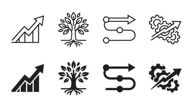 Business growth and development line and solid vector icon set for corporate reports and presentations with business