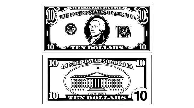 Front and back of 10 dollar bill black and white line art vector