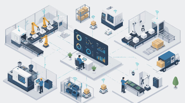 Clean flat vector illustration of a smart automated factory with robotic arms, conveyors, IoT sensors and control dashboard on a light background for Industry 4.0 presentations.