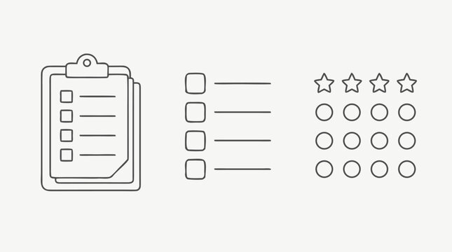 Clean flat vector illustration on a light background showing a clipboard checklist, survey options, rating stars, and round choice buttons for feedback forms or evaluation templates.