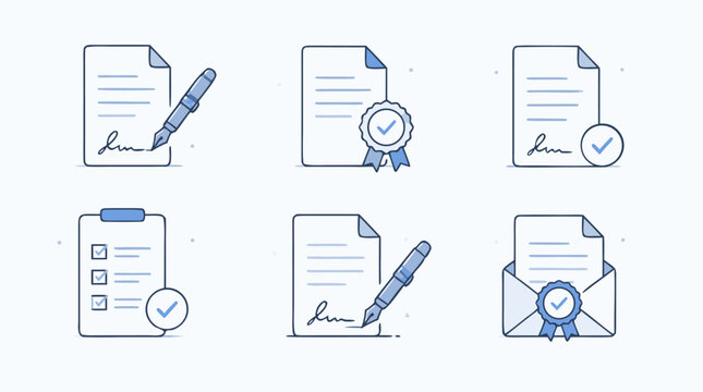 Clean flat vector illustration on a light background showing signed documents, checklists, approval seals and verification icons for contract workflow and business compliance.