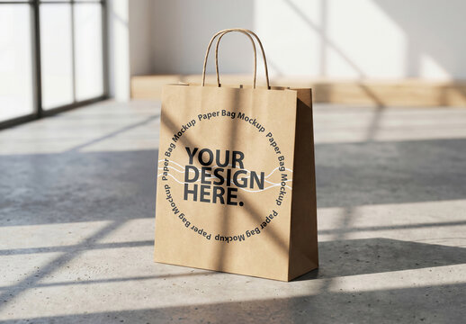 Kraft Paper Shopping Bag Mockup on the concrete floor
