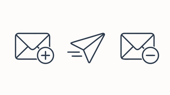 Clean flat vector illustration of email add, send paper plane, and remove message icons on a light background for newsletter, messaging, or app interface design.