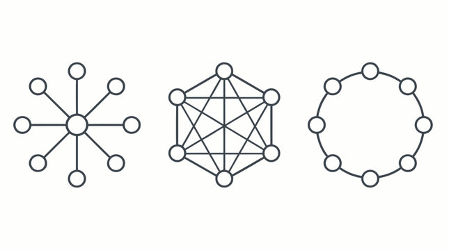 Clean flat vector illustration of hub, mesh, and ring network topology diagrams on a light background for technology presentations and connectivity concept design.