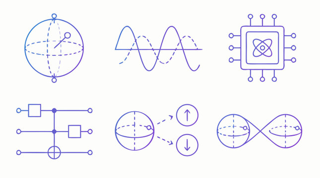 Clean flat vector illustration on a light background showing quantum physics symbols, qubit waves, circuits and chip elements for science technology presentations.