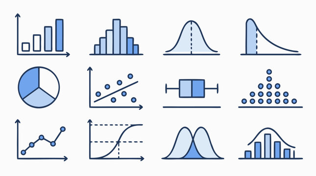 Clean flat vector illustration of statistical charts, graphs, histograms, pie and distribution plots on a light background for data analytics presentations.