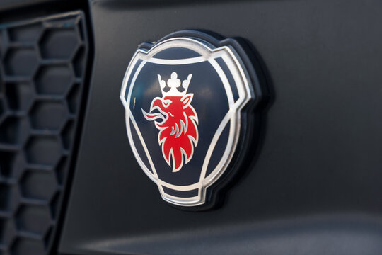 Koprivnice, Czech Republic, Czechia - 31 May, 2026: Scania - logo and brand of car and auto manufacturer. Detail of vehicle. Very shallow focus.