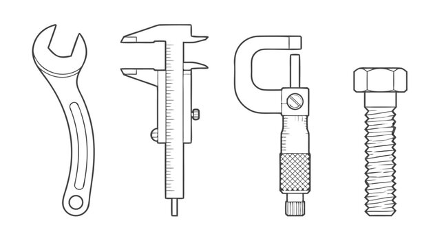 Clean flat vector illustration of a wrench, caliper, micrometer and bolt on a light background for engineering, repair service, workshop or hardware branding.