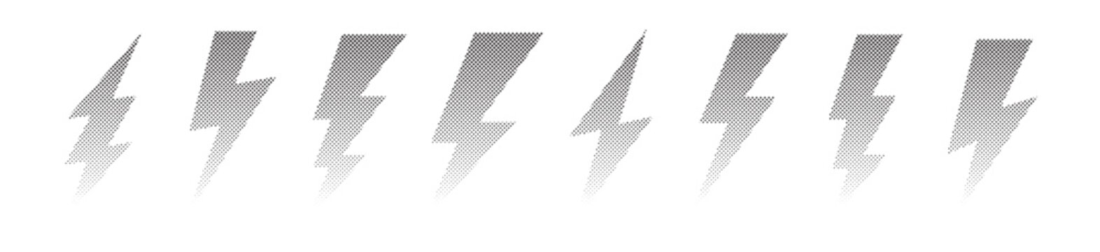 Set lightning bolt. Thunderbolt flat style - 8 Black Halftone Dot Pattern Icons, Retro Comic Energy Vector Symbols Collection
