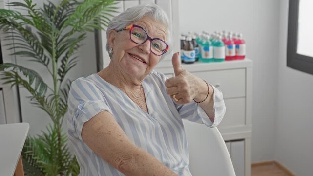 Woman wearing glasses with adhesive bandage on upper arm smiling and giving thumbs up in medical building; relief gratitude wellbeing.