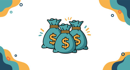 Naklejka premium Three teal-colored money bags tied with rope and decorated with golden dollar signs, set against a stylish abstract wavy background.