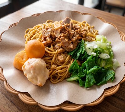 Authentic Indonesian Chicken Noodles (Mie Ayam) with Meatballs and Vegetables on Woven Tray