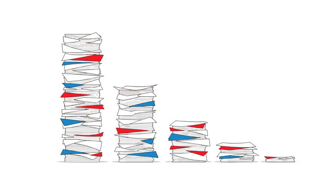Decreasing stacks of paper documents representing progress in office organization or reduction of bureaucratic workload over time.