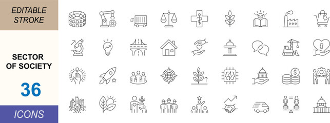 Sector of society line icon set. Featuring education, healthcare, finance and community concepts. Clean vector set for public services and web design. Editable stroke. © Md