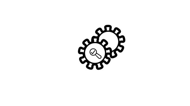 Minimalist gear animation with magnifying glass and checkmark for business process optimization cogwheel