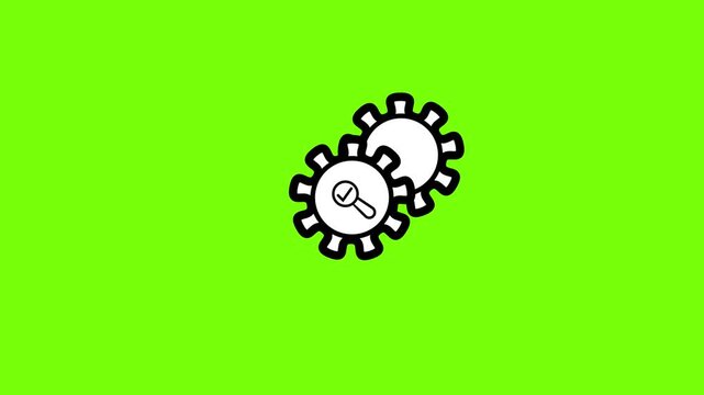 Animated gear with magnifying glass symbol for business process optimization and technical analysis on green screen