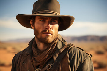 Fototapeta premium Portrait of cowboy, western movie scene in wild west desert.