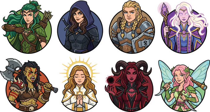 Set of female fantasy RPG character avatars featuring diverse warrior, mage, and rogue classes